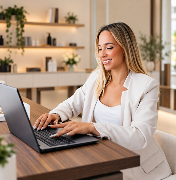 A salon owner smiling while working on a laptop in a bright salon