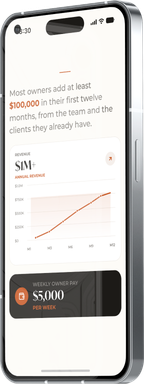 Phone showing a revenue growth chart and a $5,000 weekly paycheck