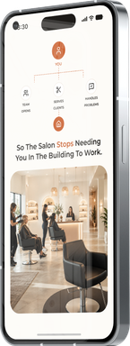 Phone showing a team structure chart above a photo of a salon interior