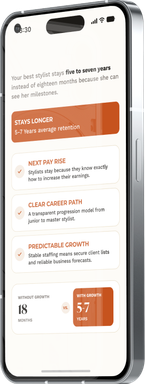 Phone showing a stylist career path with pay rise milestones