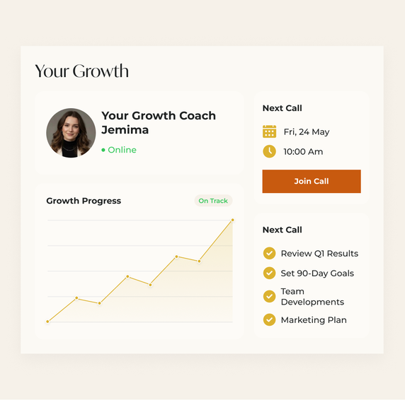 Your Growth dashboard showing your growth coach Jemima online, a growth progress chart, your next call and a checklist of goals