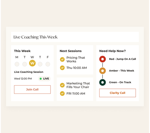 Roadmap card showing this week’s live coaching session, upcoming sessions and a clarity call
