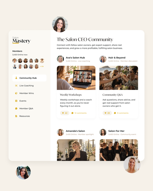 The Salon CEO Community app showing member spaces, weekly workshops and community Q&A