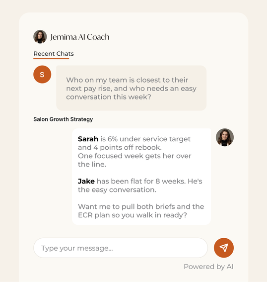 Jemima AI Coach chat answering which team member is closest to their next pay rise