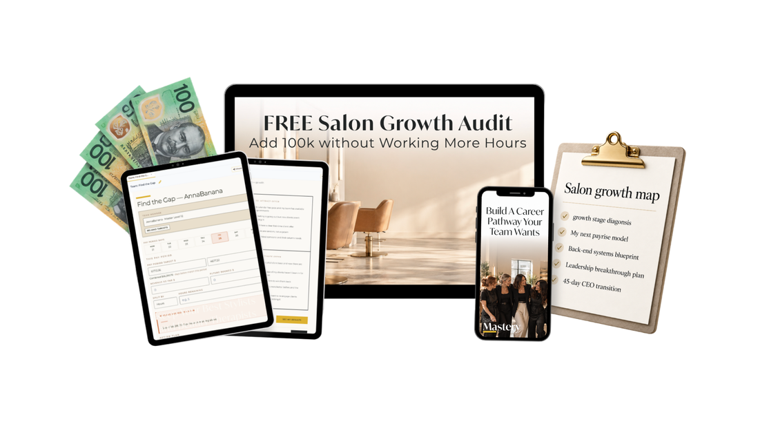 Free Salon Growth Audit bundle: tablet, laptop, phone and clipboard with Australian currency