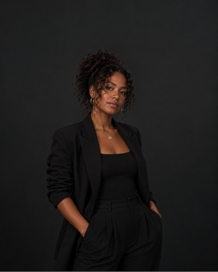 Confident salon CEO in a black blazer against a dark backdrop