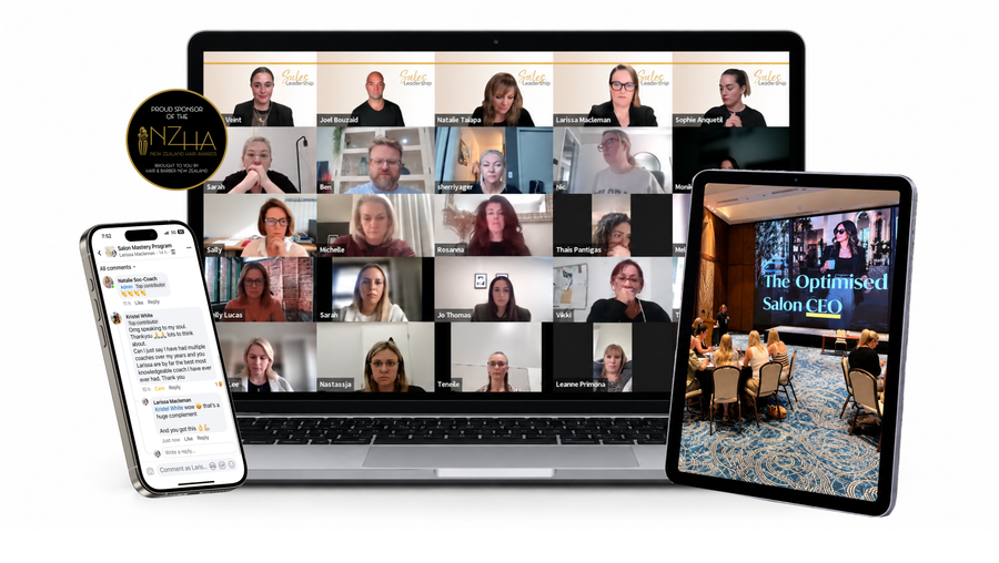 Salon Mastery on a laptop, phone and tablet showing a live group video call of salon owners